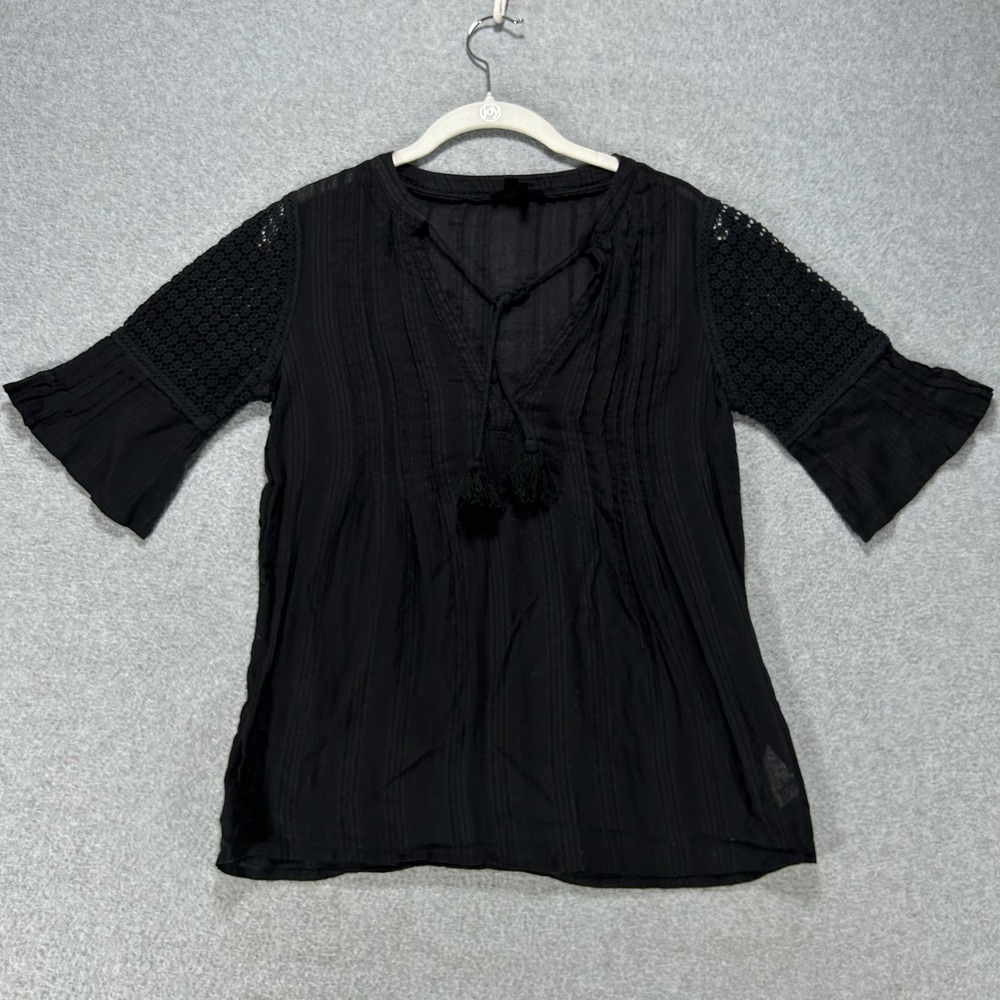 Paige Peasant Top Women XS Black Boho Crochet Lace Bell Sleeve